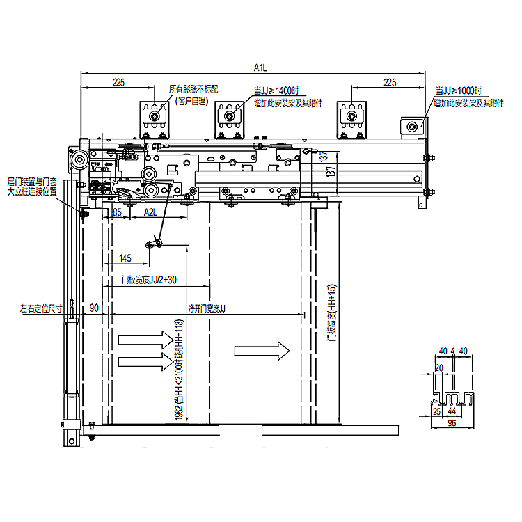 AF-OCM502B Elevator 2-Leafs Side Opening Landing Door Device Weight Side-Placed